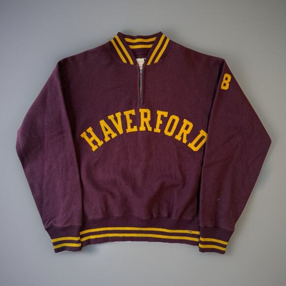 Vintage Mitchell & Ness Wool Jacket 40 Maroon 60s Wool 1/4 Pullover Haverford - Picture 1 of 9